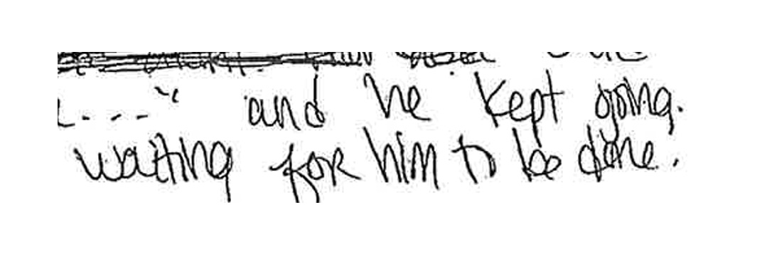 Handwritten excerpt from CB's filing for Domestic Violence Protective Order against Fabialbert Rodriguez. Handwritten text reads: "... and he kept going... waiting for him to be done."